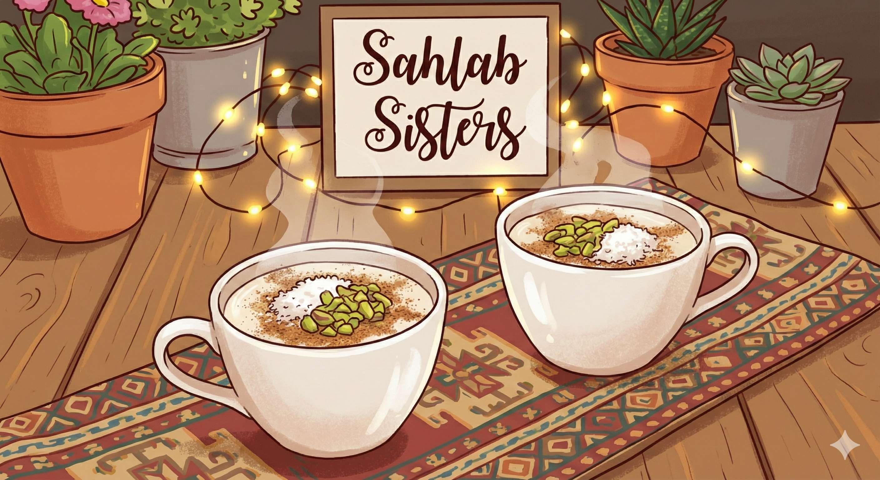 Two cups of sahlab topped with pistachios and coconut